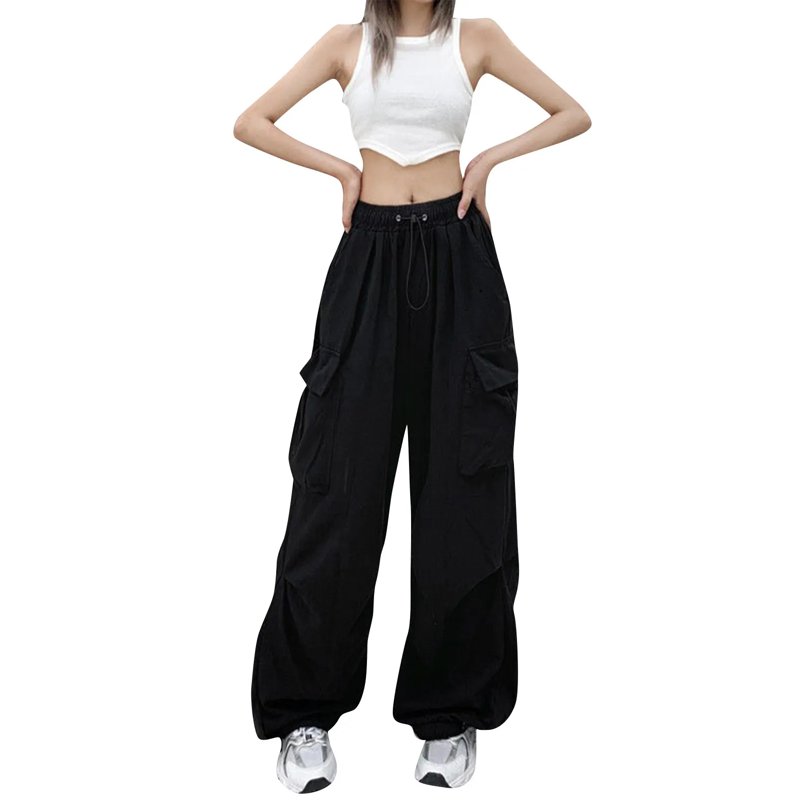 Girls\' Harajuku Streetwear Fashion Straight-leg Pants Black Cool Multi-pocket High Waist Versatile Drape Loose Wide-leg Trousers