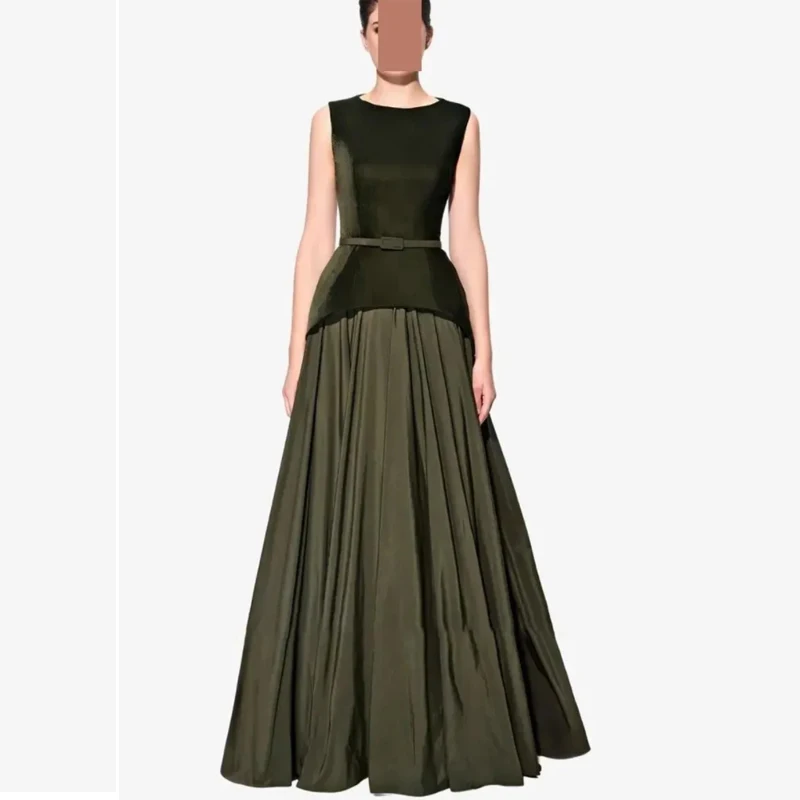 

Customized Modern O Neck A Line Pleated Evening Dresses Ruffle Satin Floor Length Formal Prom Gowns Vestidos Longo Robe De Soire