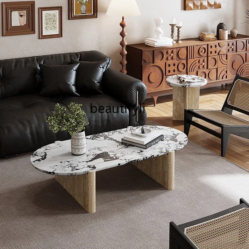 

Travertine coffee table Marble living room Minimalist style tea table High-end terrazzo tea table6005