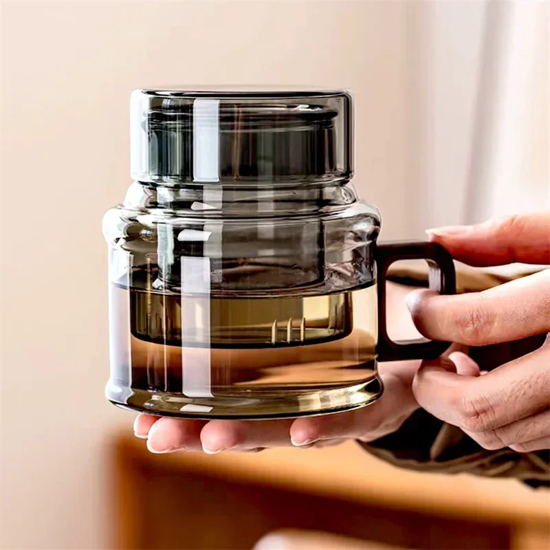 400ml Reusable Heat Resistant Glass Tea Cup with Infuser Filter and Wooden Handle Office Tea Separation Mug Flower Tea Mugs
