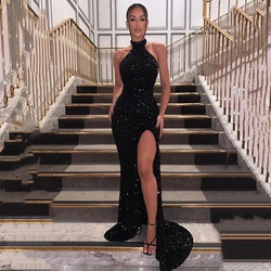 Sequin Evening Dresses Long Black High Collar Mermaid Women's Gown 2023 Sleeveless Trumpet Side Slit Formal Party Dress