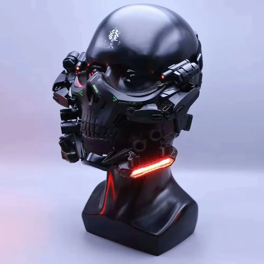 หน้ากากโครงกระดูกสไตล์ไซเบอร์พังก์ ครึ่งหน้า สีดำ พร้อมไฟ สำหรับงานปาร์ตี้ฮาโลวีน งานคาร์นิวัล อุปกรณ์ประกอบฉากเกมยิงปืน ของขวัญ