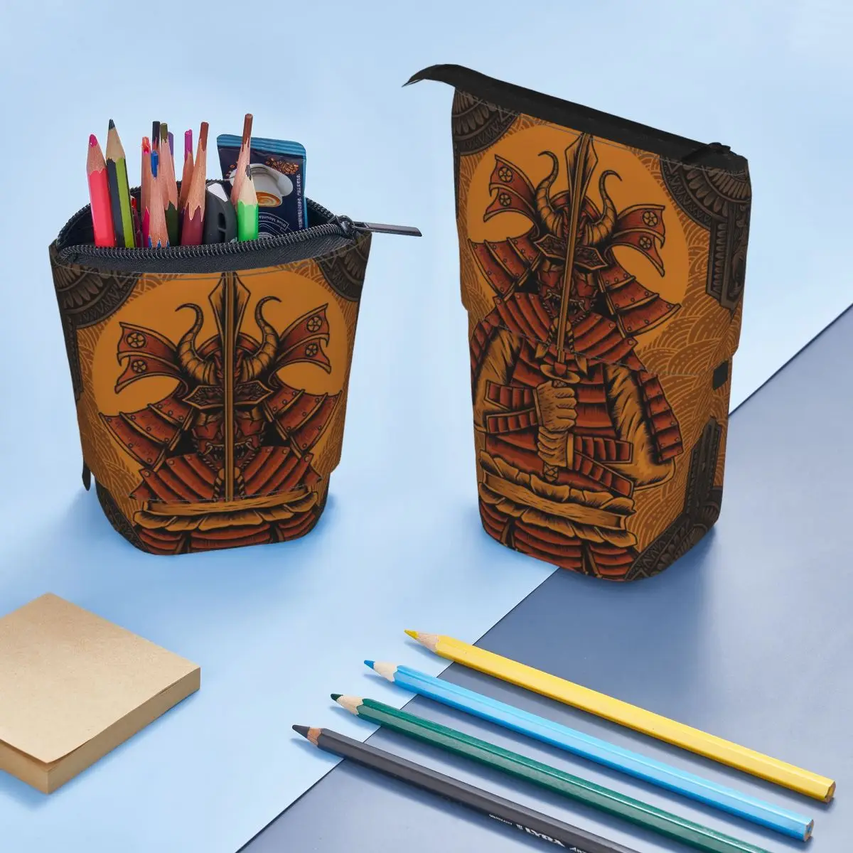 Samurai Krijgers Met Antiek Graveren Ornament Pen Box Student School Rits Pen Tas Pencase Verticale Intrekbare Etui