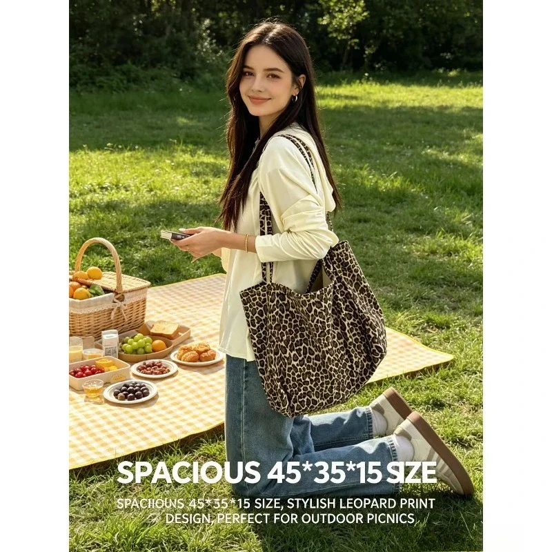 2026 Large Capacity Lazy Leopard Print Canvas Shoulder Bag Versatile Japanese Korean Style Practical Ins Slack