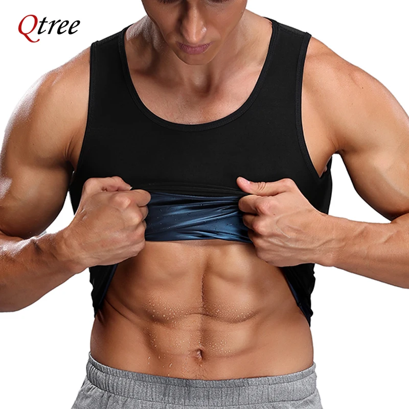 Qtree Men Sweat Sauna Vest Slimming Polymer Workout Body Shaper Top Weight Loss Fat Burner Compression Shirts Waist Trainer Suit