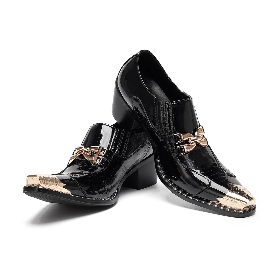 

Fashion Black Metal Pointed Toe Cow Leather Shoes Male Slip on Casual Business Office Formal Brogue Shoes Men Party Dress Shoes