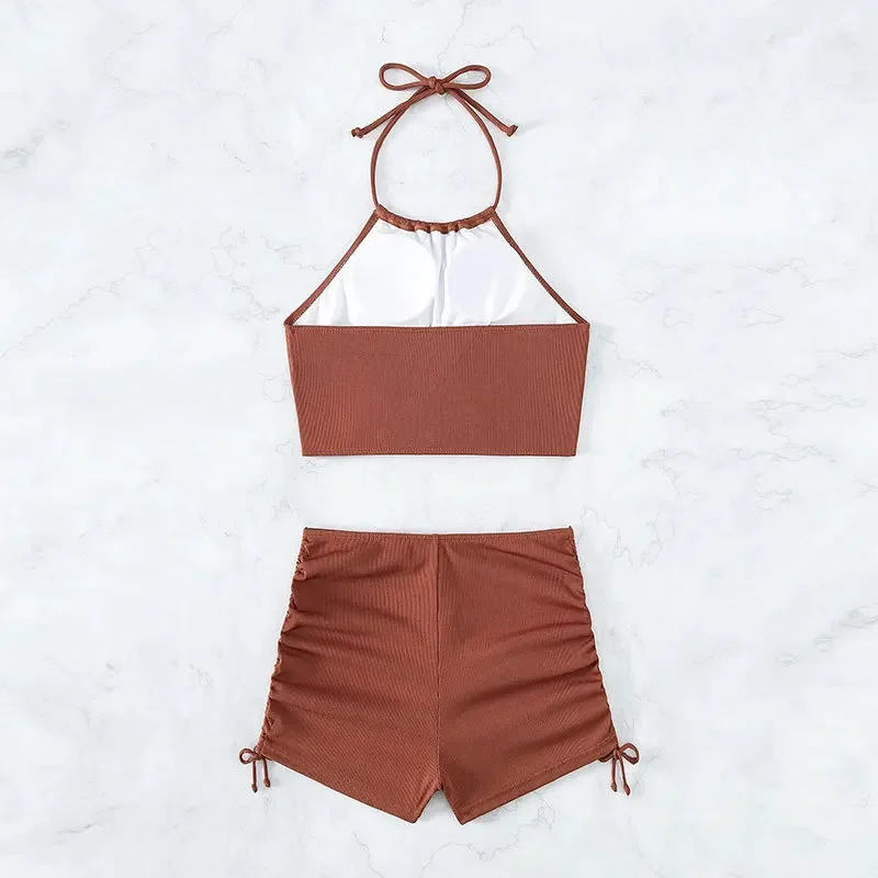 2024 New Cross-border European and American Solid Color Suspender Bikini Halterneck Bikini Split Swimsuit New in Matching Sets