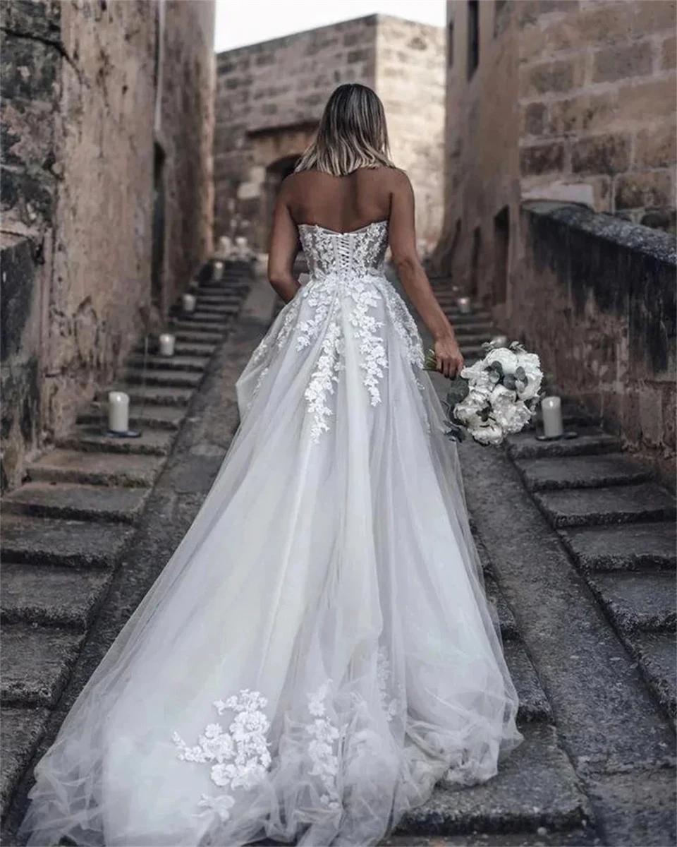 Elegante sem alças apliques rendas tule querida pescoço 2024 vestidos de casamento para mulher tribunal trem vestidos de noiva