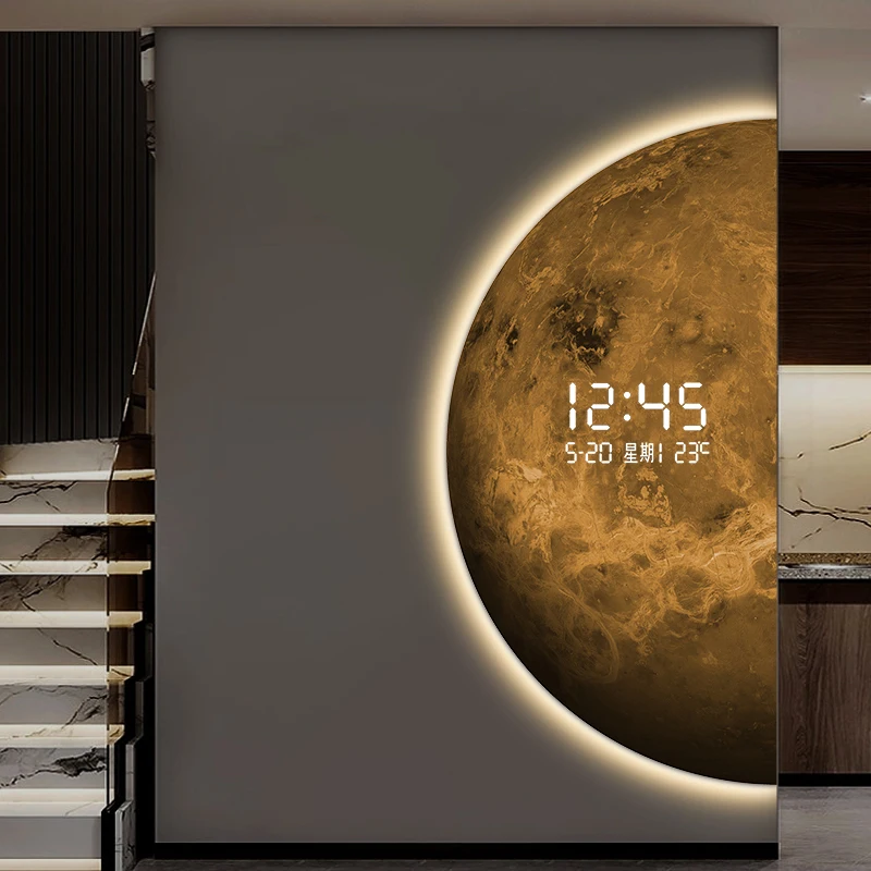 لوحة تزيين مدخل الكوكب الحديثة، ساعة رقمية إلكترونية للكون الخيال العلمي، لوحة إضاءة دافئة بجانب السرير #4