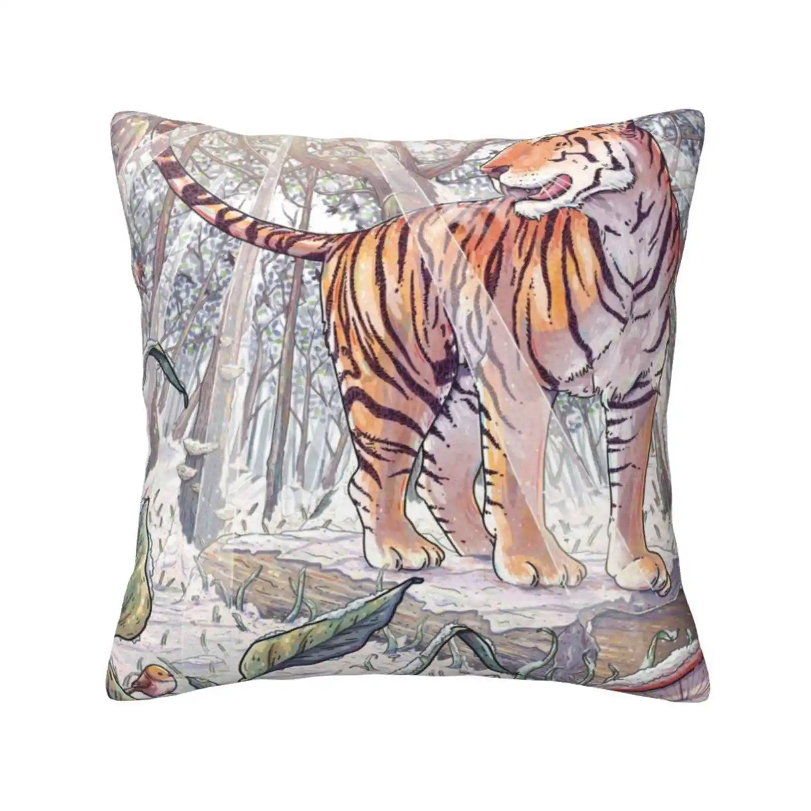 Spring Tigress Pillow Cover Hug Pillowcase Tiger Tigress Nature Wildlife Birds Mushrooms Plants Trees Forest Outdoors Sunbeams