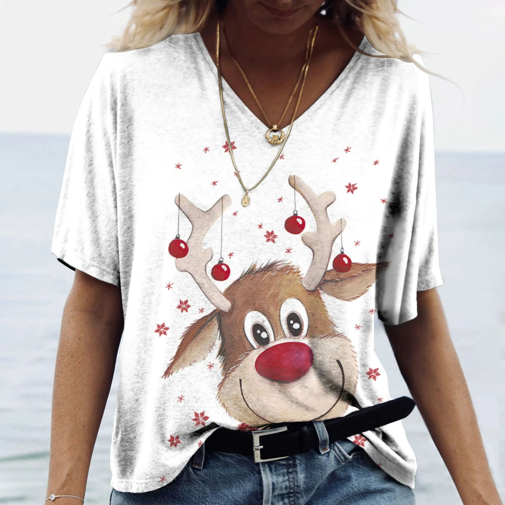 

3D Print Elk Snowman Graphic V-Neck T-Shirts Fashion Casual Christmas Theme Tees For Women Loose Breathable Quick Drying Clothes