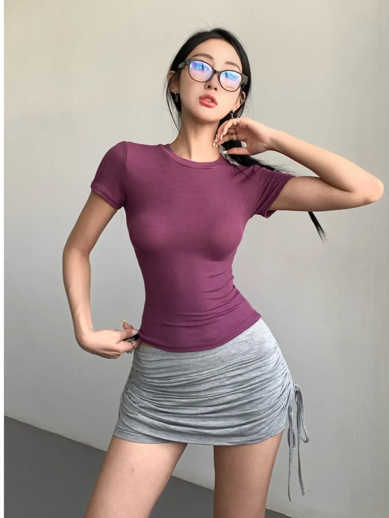 American Style Solid Color Short Sleeve Round Neck T-shirt Women's Summer 2024 Casual Spicy Girl Slim Mid Length Style Top D311