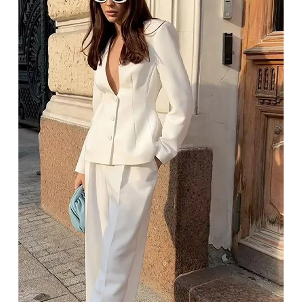 بدلة عصرية برقبة على شكل حرف V للنساء طقم مكون من قطعتين أنيق بصدر واحد عالي الجودة كلاسيكي بلون سادة أنيق للسيدات