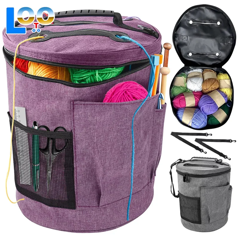 الحياكة أداة حقيبة التخزين الغزل الكروشيه المنظم حمل حقيبة سعة كبيرة المحمولة مع الجبهة الغزل الإبر السنانير الجيب