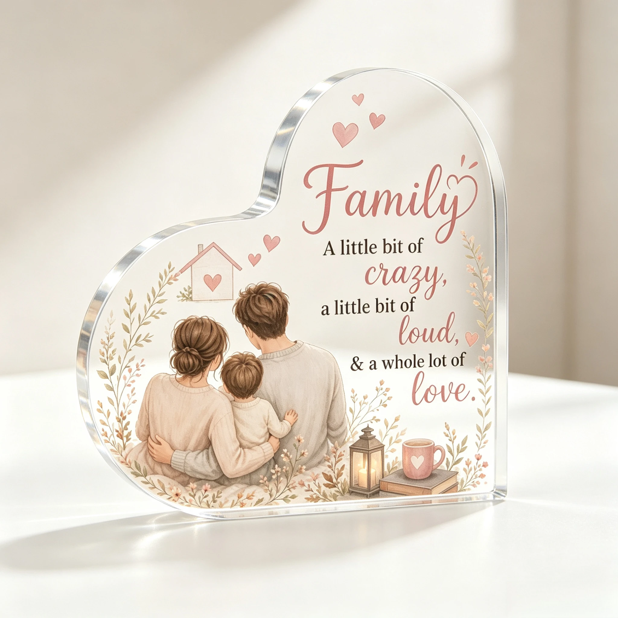 Sweet Family Quote Heart Acrylic Stand, Parents And Child Warm Floral Table Ornament