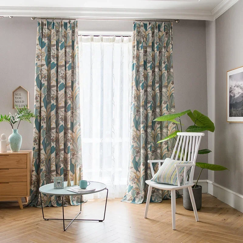 

New Chinese Style Curtains For Living Room Cotton Linen Printed Cortina Banana Leaf Embroidered Tulle Curtain Blackout Curtains