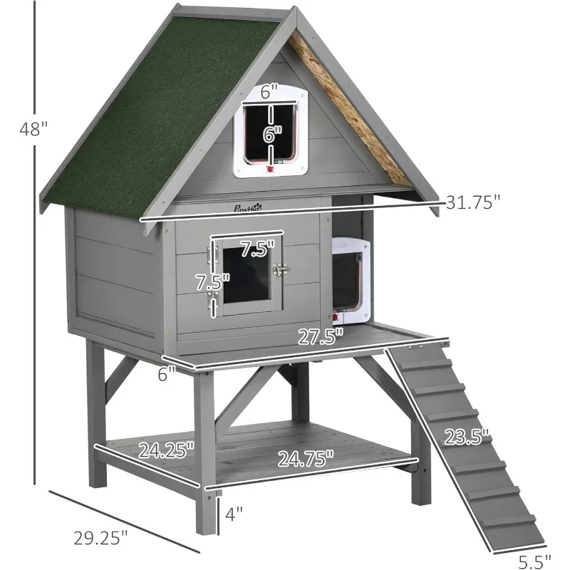 Wooden Cat House Outdoor with Escape Door, Weatherproof 3-Floor Cat Shelter with Asphalt Roof, Balcony, Stair, Gray