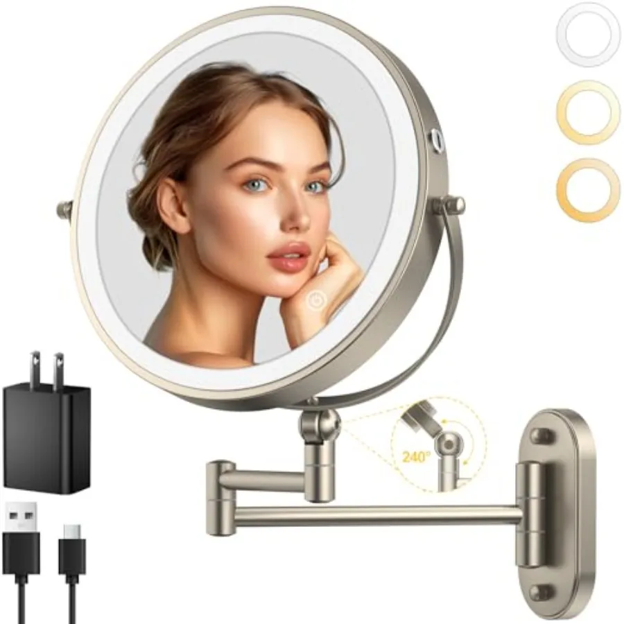 

9 Wall Mounted Lighted Makeup Mirror with 4000mAh Rechargeable Battery Double Sided 1X/10X Magnifying Mirror 3 Color Lighting O