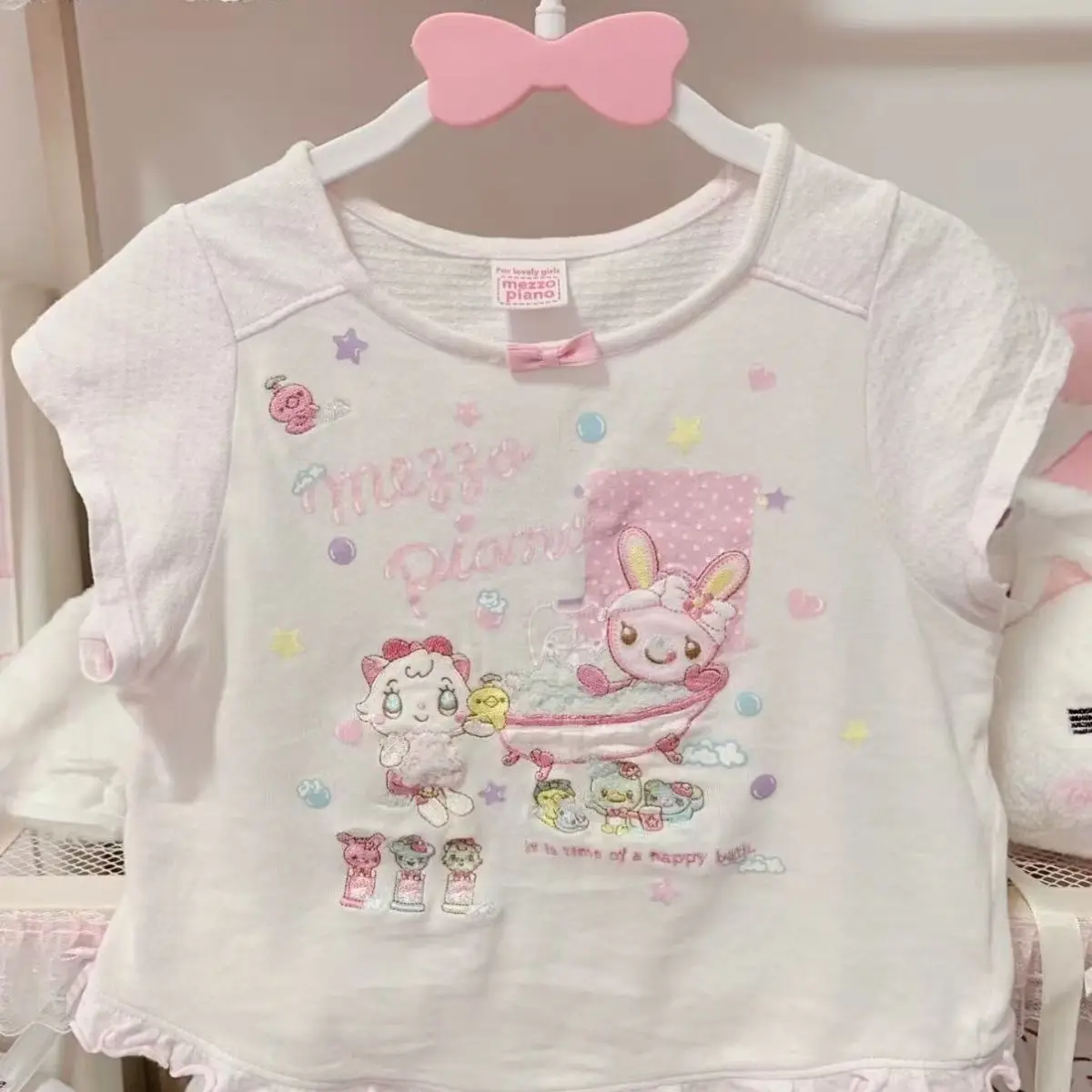 

Japanese Cute Cartoon Rabbit Mp Y2k Aesthetic Short Sleeved T-shirt Summer New Sweet Girl Bow Neck Daughter Clothing