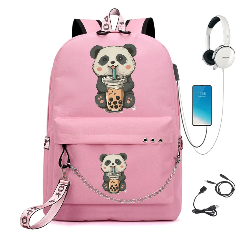 Kawaii School Bag Little Panda Drinking Boba Print School Backpack Students Cartoon School Bag Bookbag Children Teenager Bagpack