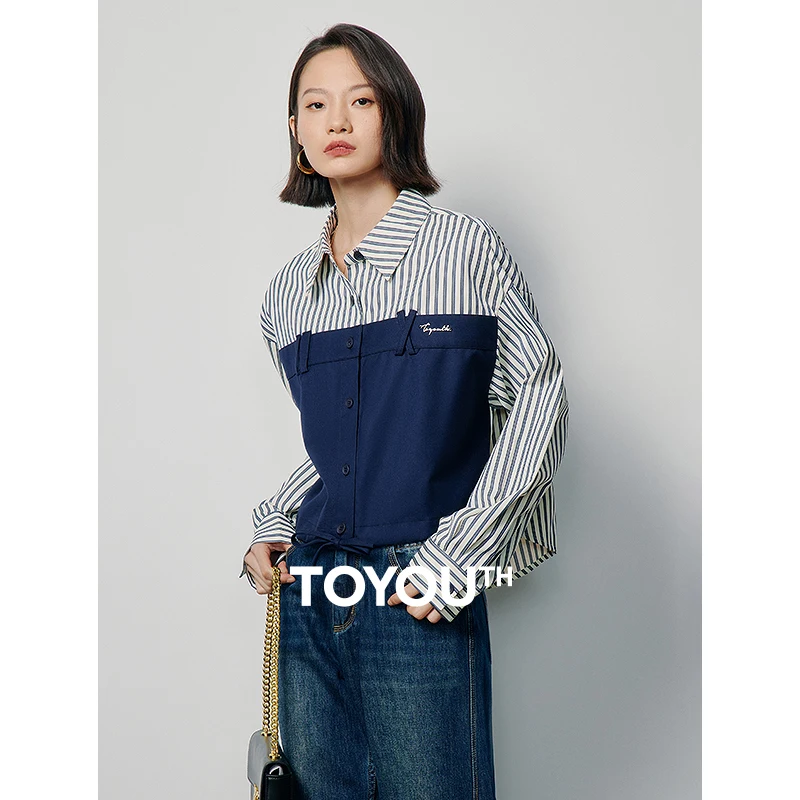 

Toyouth Women Fake Two Piece Striped Shirts 2024 Spring Long Sleeve Polo Neck Loose Blouse Contrasting Colors Fashion Tops