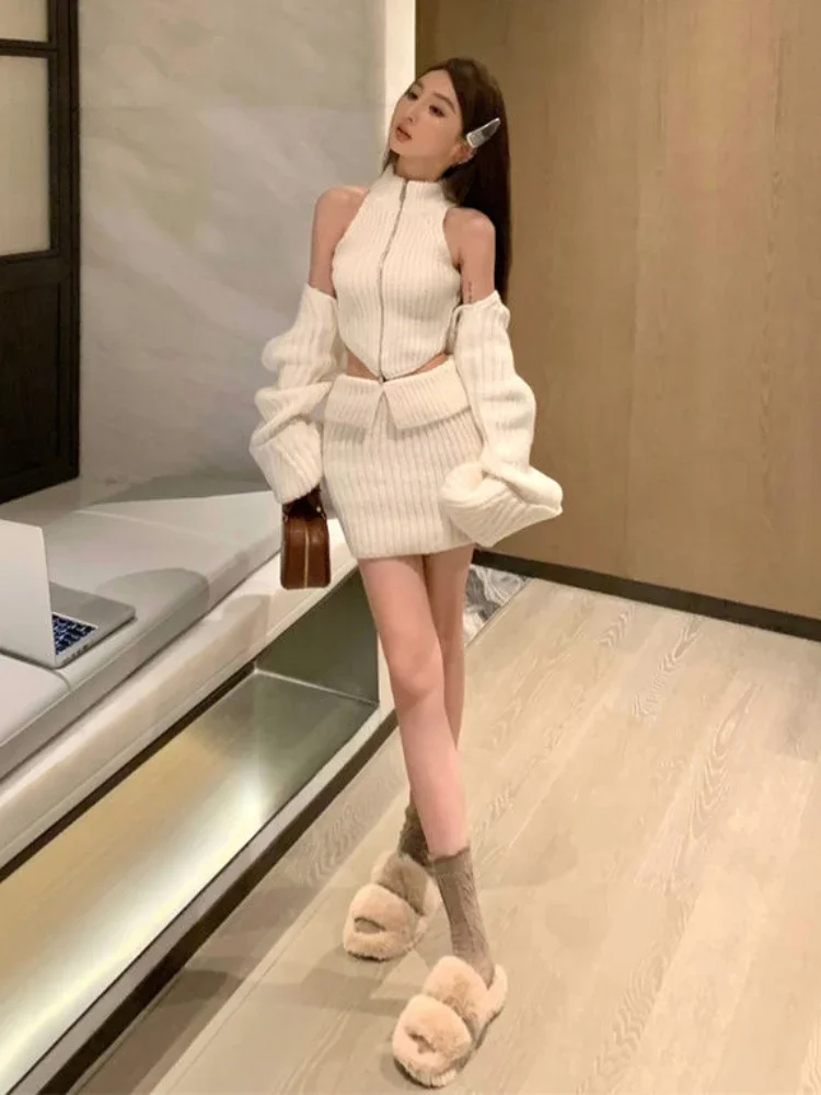 Elegant Knitted Clothing 3 Piece Set Casual Short Cardigan + Slim Vest + Sexy Y2k Mini Skirt Korean Fashion Suit 2024 Winter