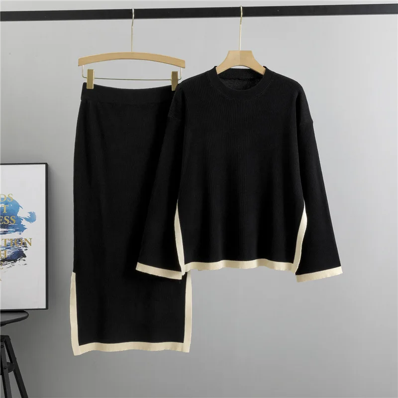 Elegant Knitted Skirt Sets Women Autumn New Design Contrast Color Crewneck Sweater Tops Split Skirts Female Two-piece Sets