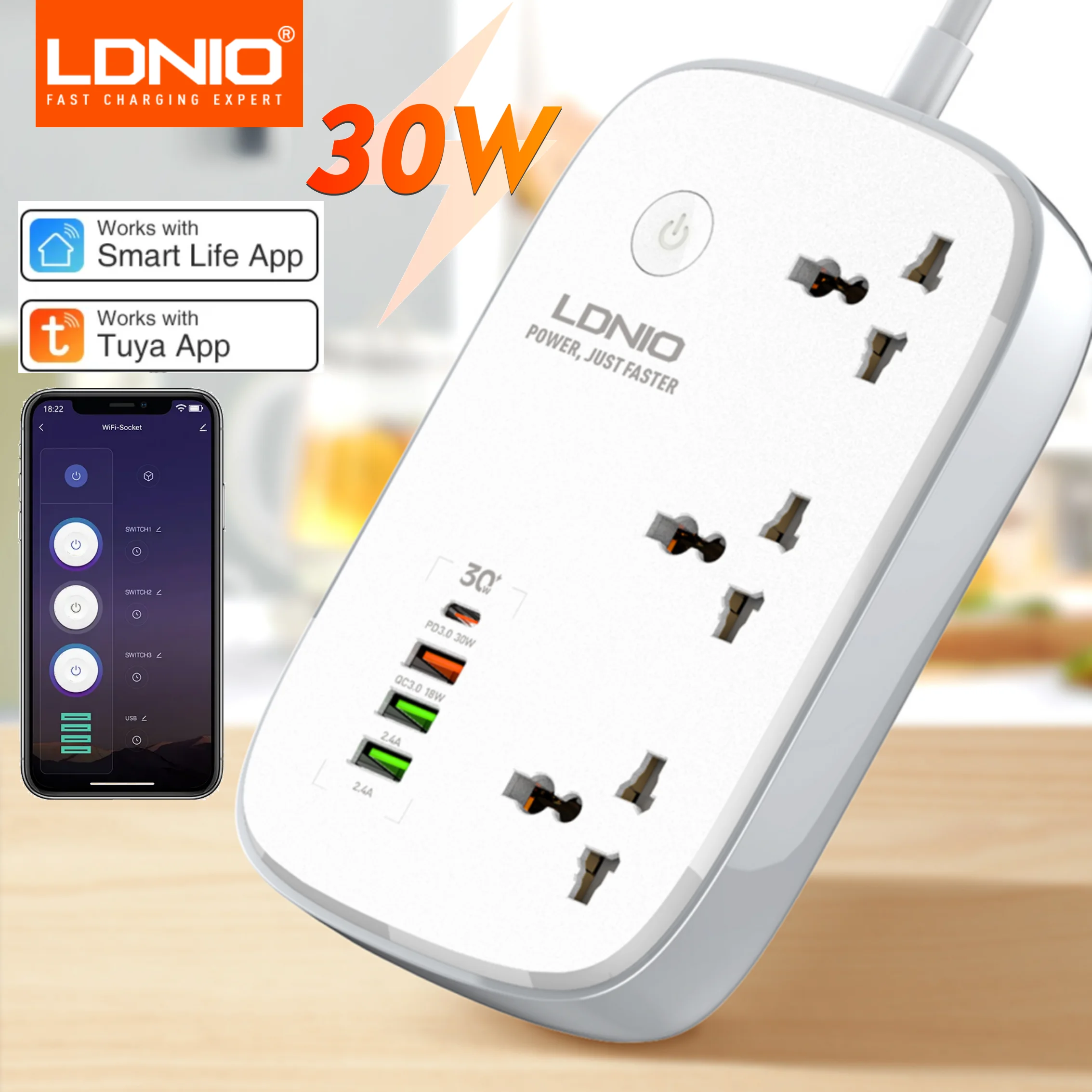LDNIO Intelligent Multi Plug Universal Outlet Extension Socket Adapter with 30W USB Charger Smart Power Strip WiFi Power Socket