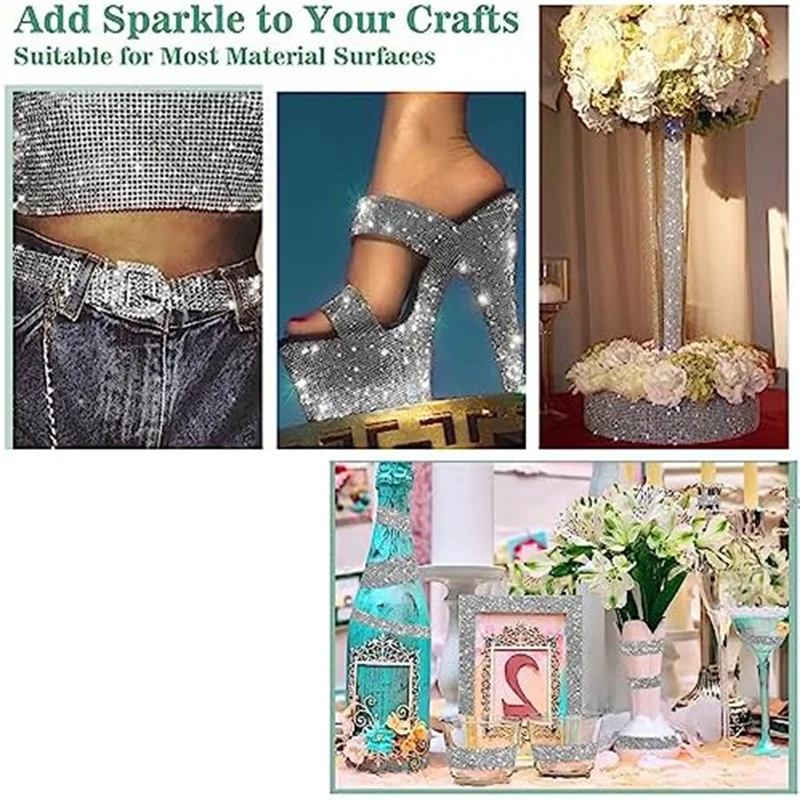 4 Rolls Self Adhesive Rhinestone Strips, Rhinestone Ribbon Rhinestone Diamond Ribbon for Crafts, DIY Rhinestone