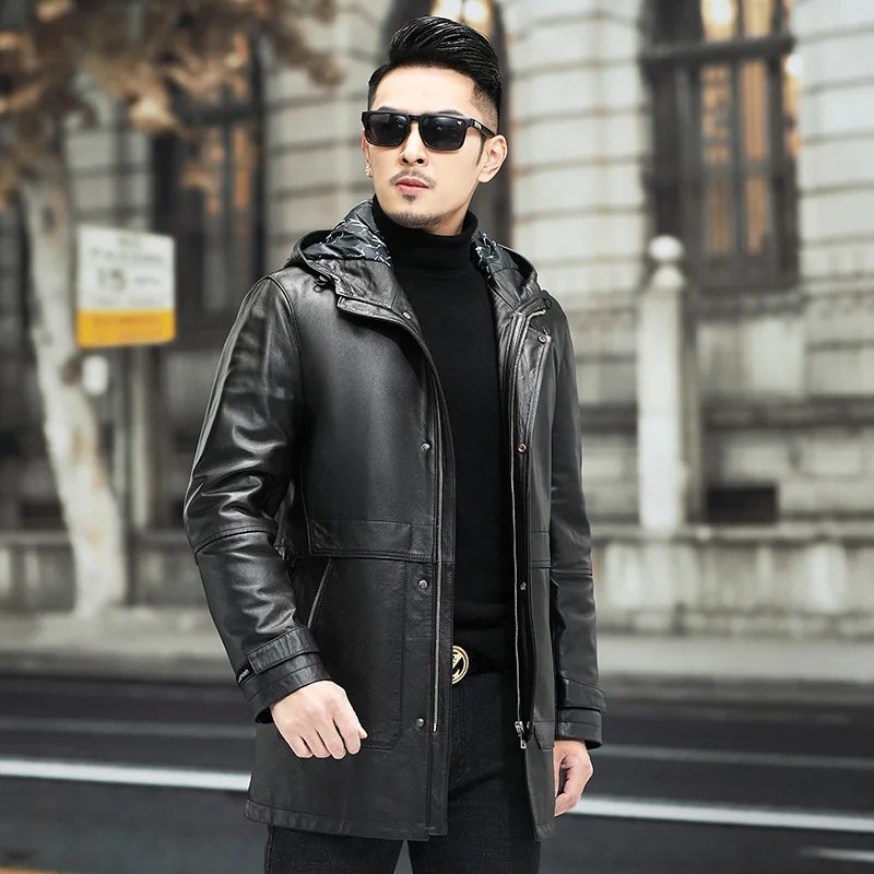 Winter New Men's Fashion Genuine Leather Jacket Male Large Size Long Coats Men Warm Hooded White Duck Down Cowhide Outwear Man