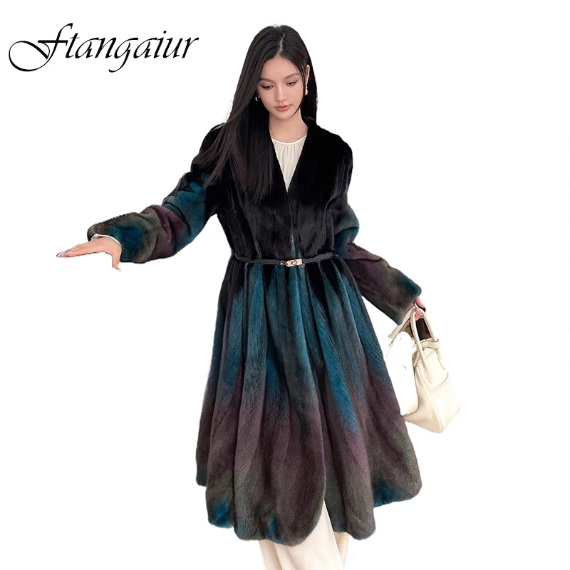 Ftangaiur Winter Coat For Women Import Swan Velvet Mink Fur Coat Women's V-Neck Full Sleeve Striped Real Mink Fur X-Long Coats