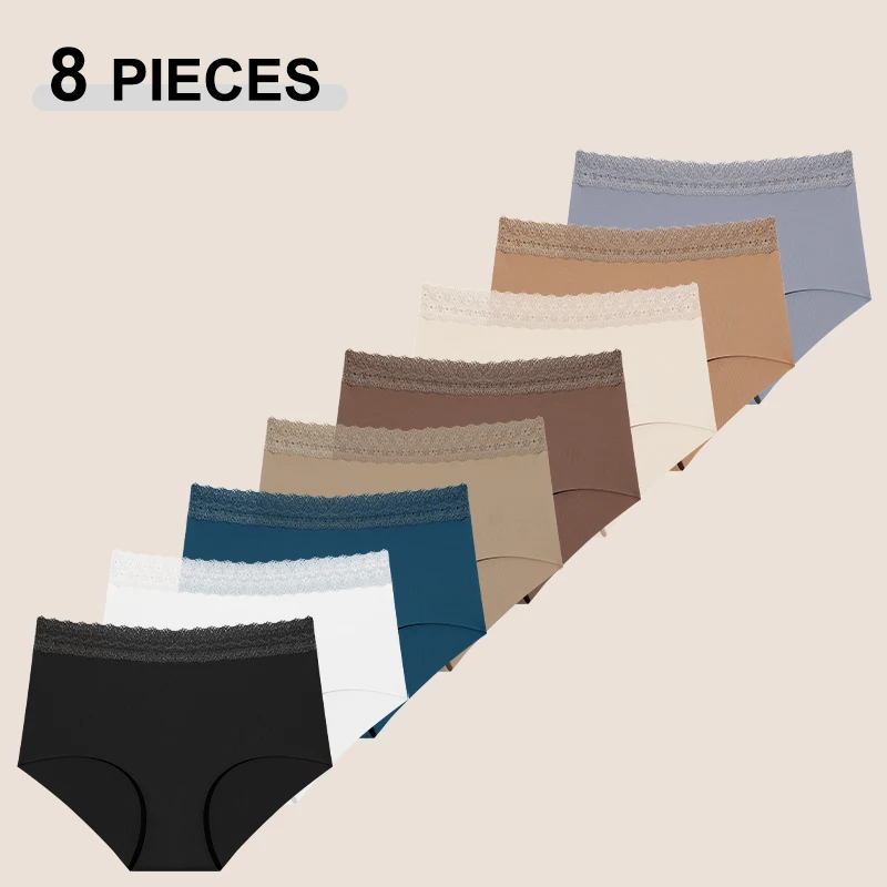 8 Stück Damen S-XXL Nahtlose Spitzenbund-Unterhosen Hohe Taille Einfarbige Slips Atmungsaktive Sexy Damenunterwäsche Lingerie