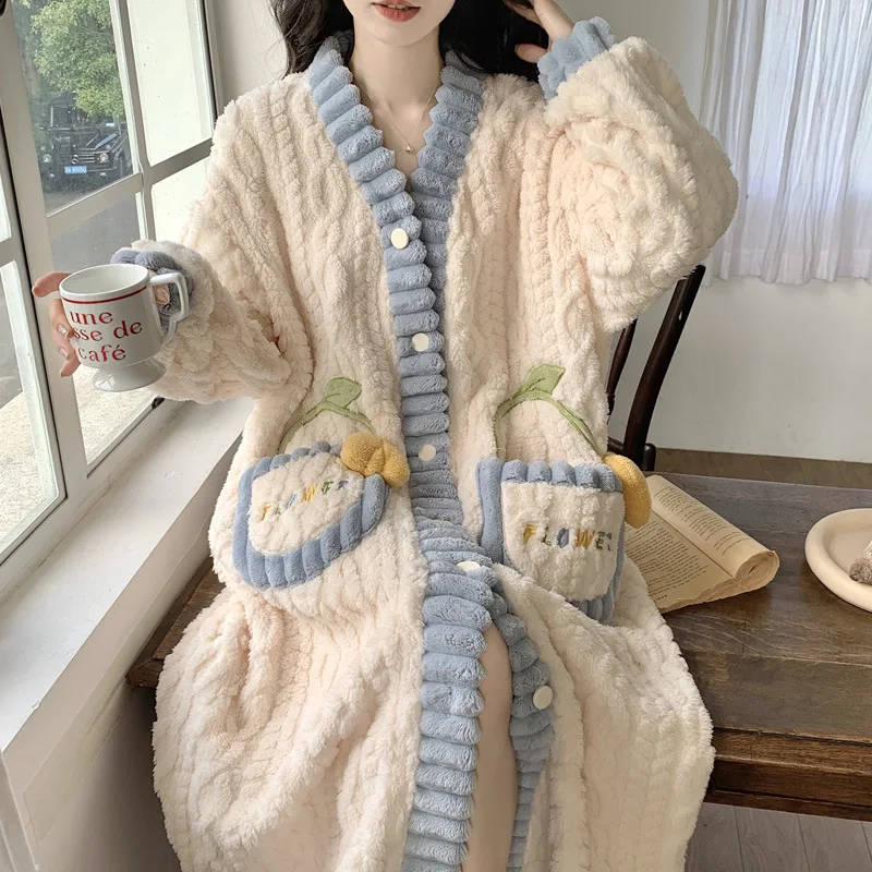 

Nightgown Women's Autumn Winter Coral Fleece Robe Nightwear Long Plush Thickened Sweet Bathrobe Warm Flannel Home Wear Sleepwear