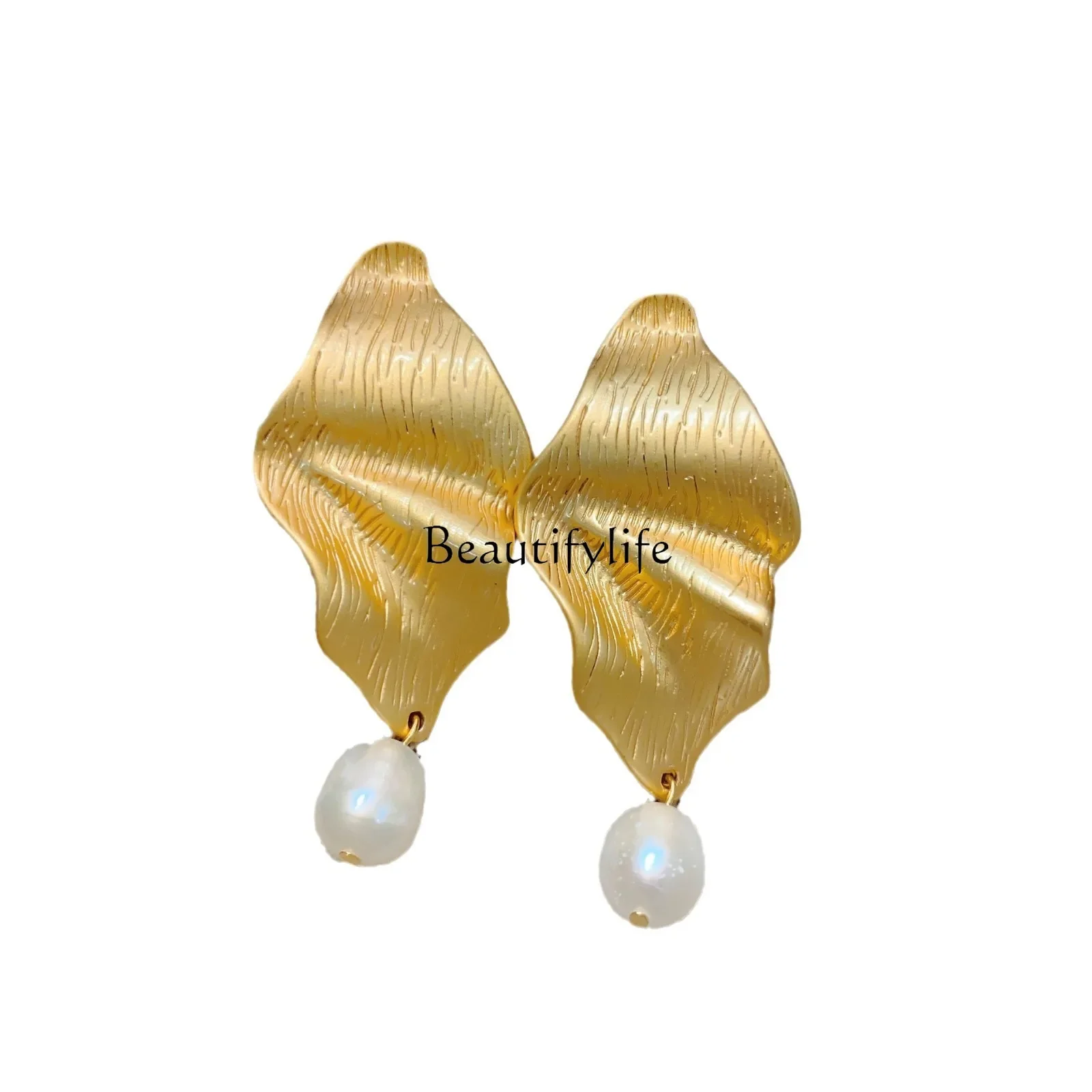 

Natural Baroque Pearl Metal Folded Vintage Earrings