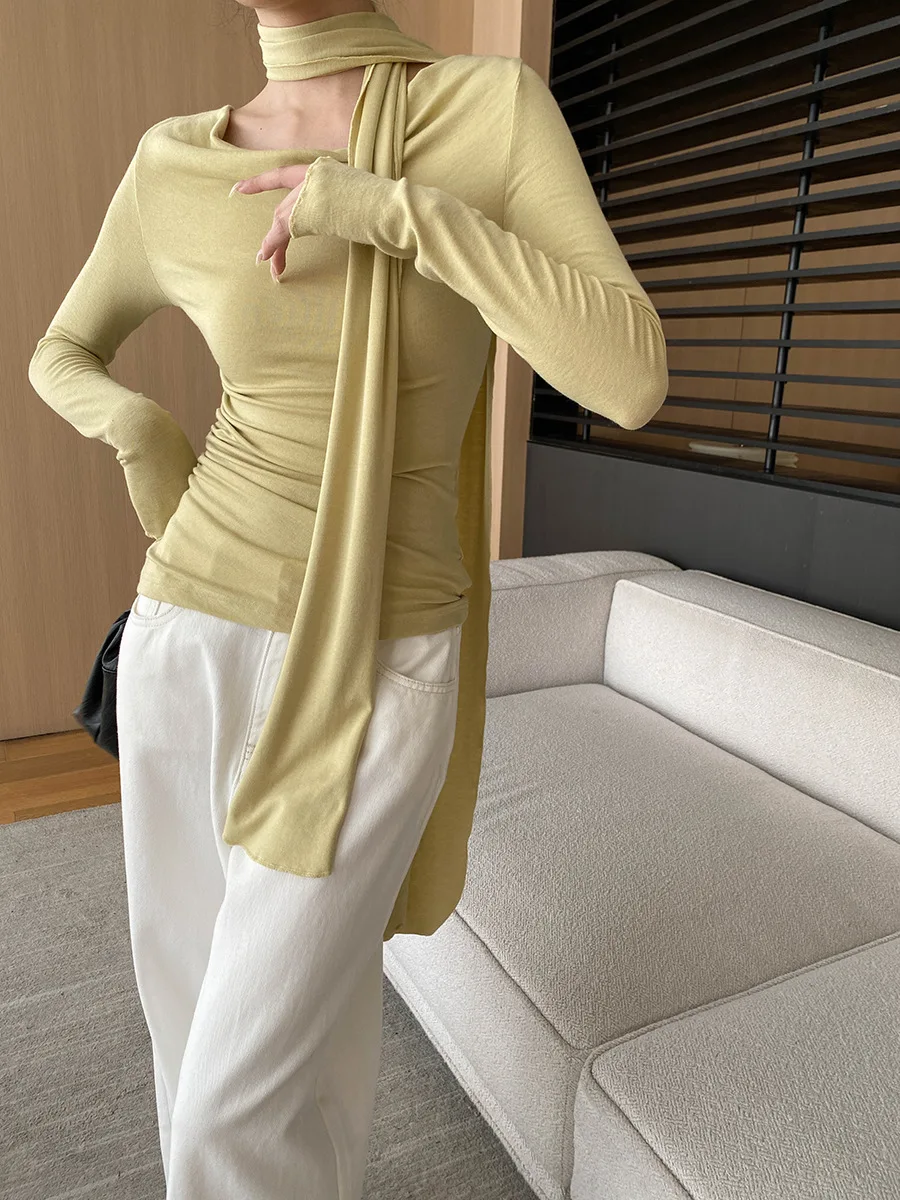 Swinging Collar Ribbon Knit T-shirt 2024 Autumn Slim Fit Sweater With Scarf  for Women