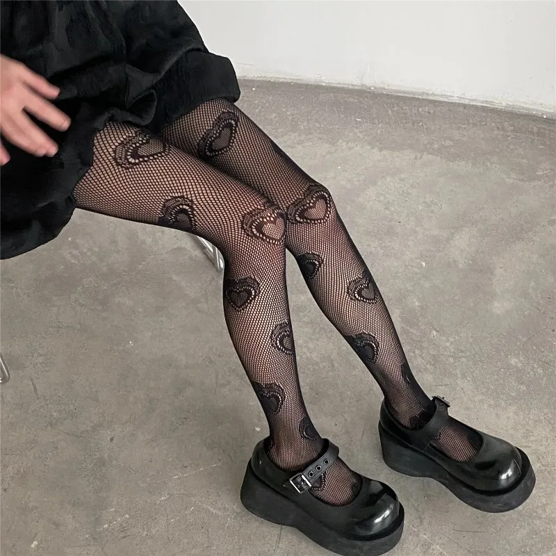 Lolita Heart Hollowed Out Lace Mesh Stockings Bottomed Pantyhose Japanese Women Retro Floral Rattan Black Stocking Hot Tights