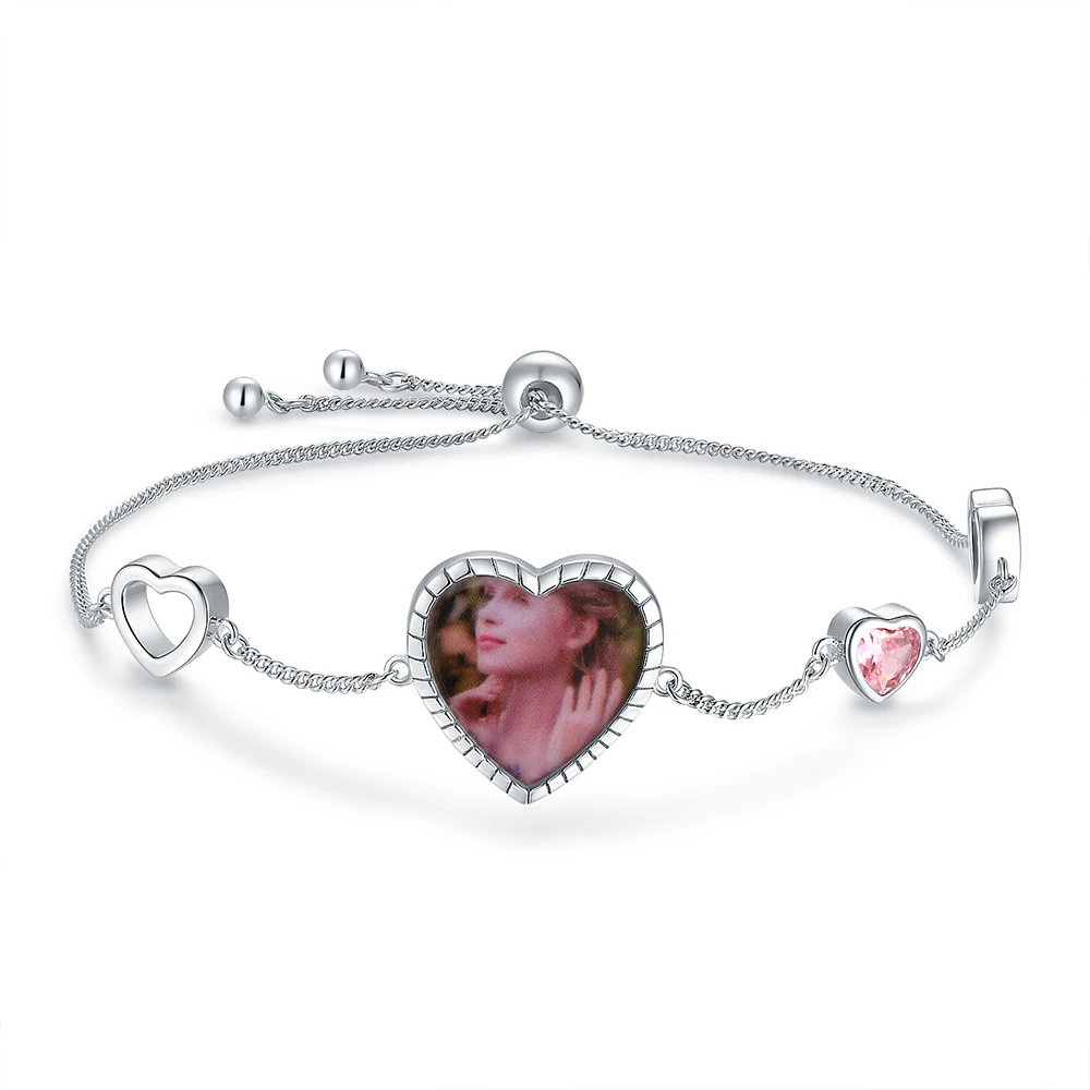 925 Sterling Silver Personalized Heart Custom Birthstone And Photo Birthday Bracelet Jewelry Gifts for Women Mother Girls Wife