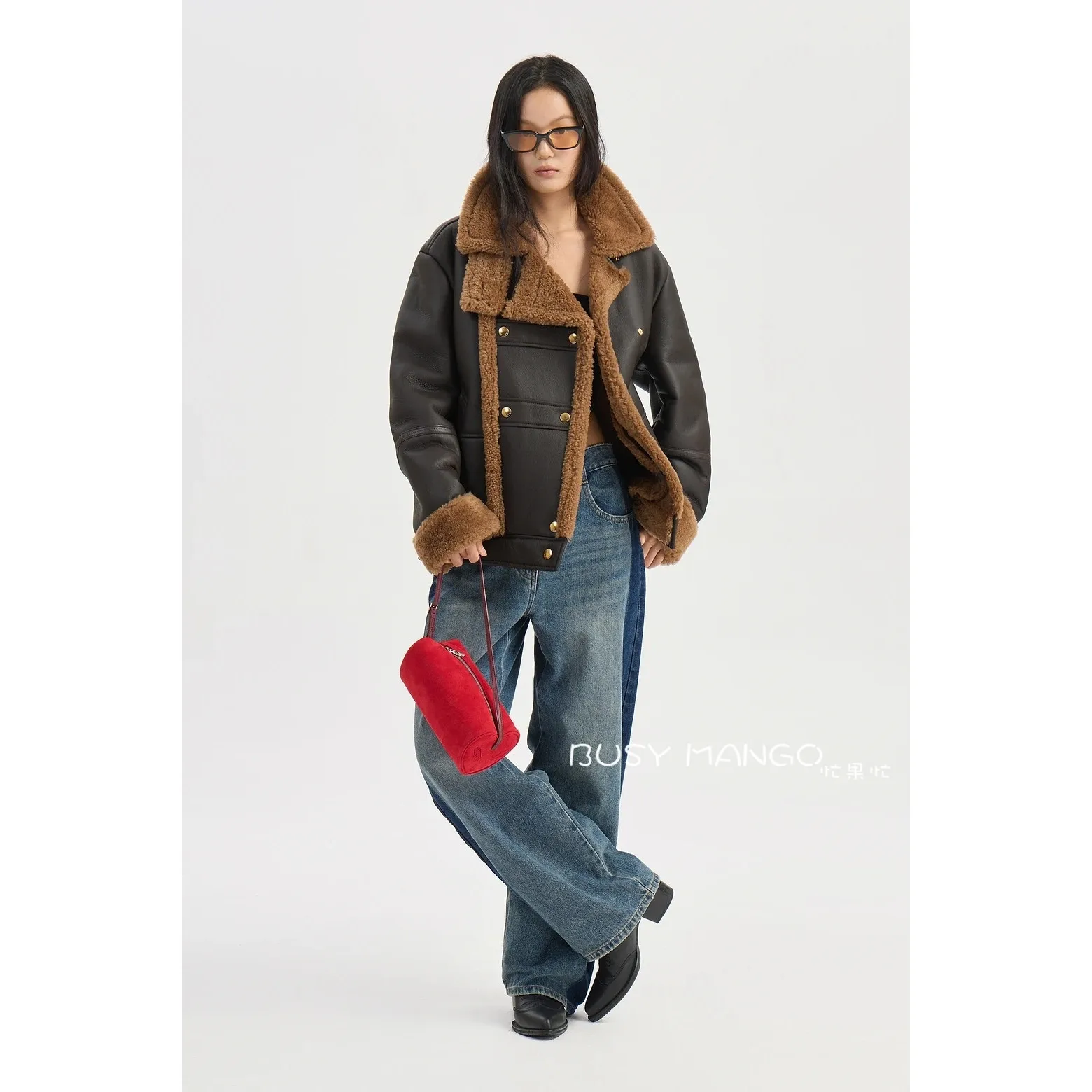 Double-Row Button Leather And Fur Jacket Smooth Surface Collar Commute Versatile Warm Coat Outerwear for Women Winter Season