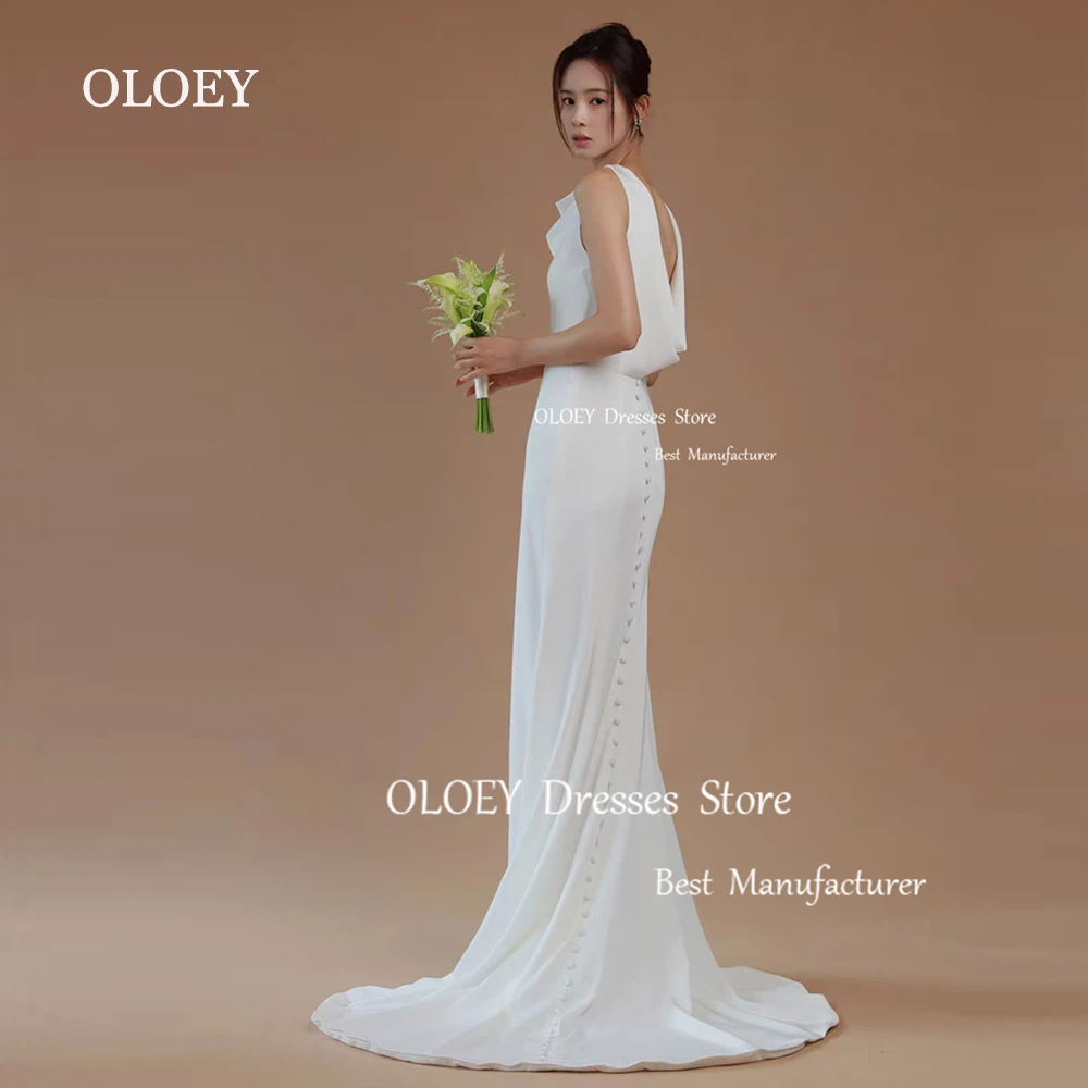 OLOEY Elegant Silk Satin P[leats Mermaid Wedding Dress Korea Photoshoot O Neck Bridal Gown Backless Button Sleeveless Custom