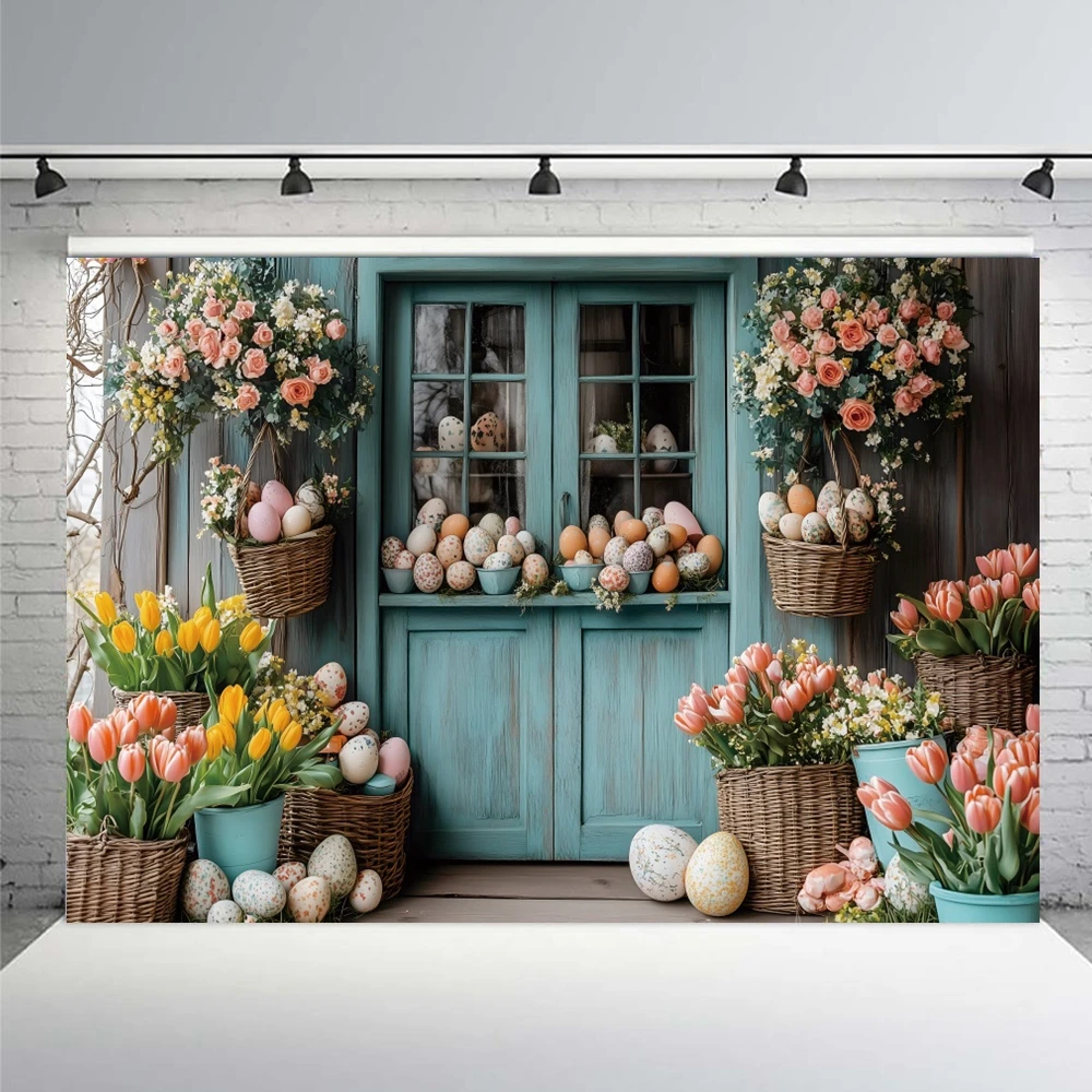 Spring Easter Photography Backdrops Wooden Door Tulip Flowers Colorful Eggs Baby Shower Kids Artistic Portrait Photo Background