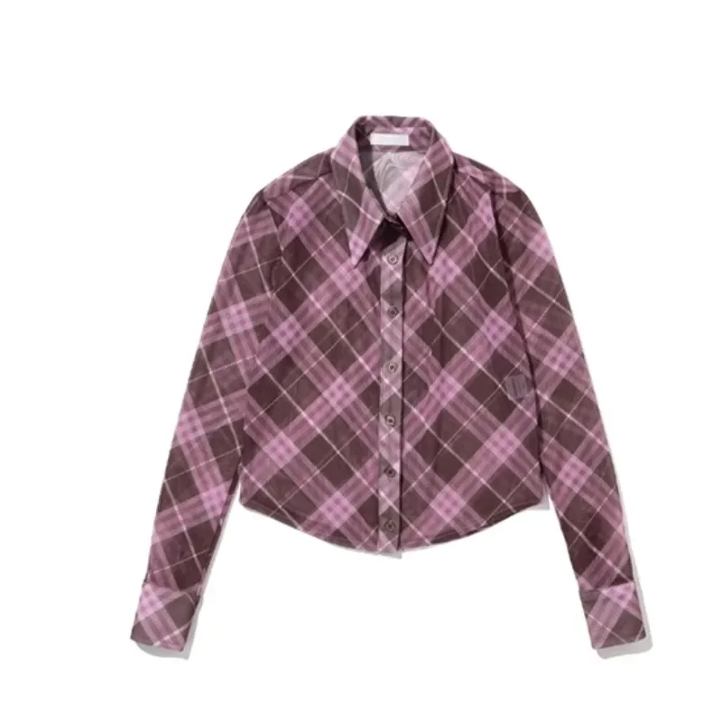 Deeptown Harajuku Plaid Chiffon Blouses Women Y2k Sexy Korean Style Long Sleeve Mesh Shirts See Through Crop Tops Streetwear