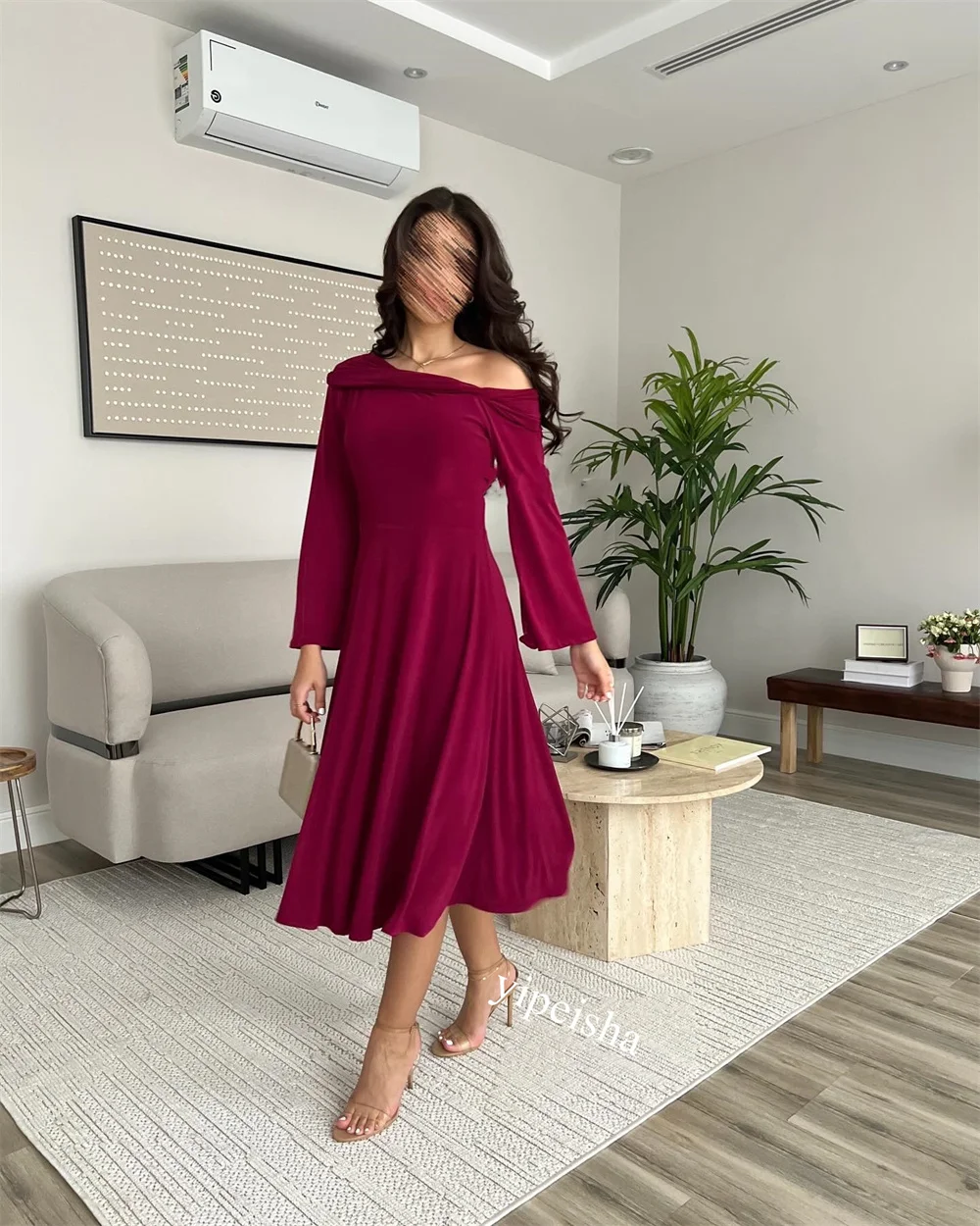 Robe de Fiançailles en Jersey Froncé, Ligne A, Asymétrique, Épaule Dénudée, Sur Mesure, Midi, Arabie Saoudite