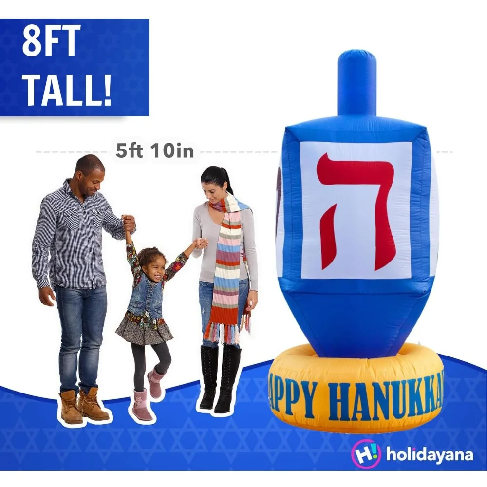 ديكور ساحة هانوكا دريديل العملاق بطول 8 أقدام - ديكور خارجي من شانوكاه مع مصابيح LED ومروحة