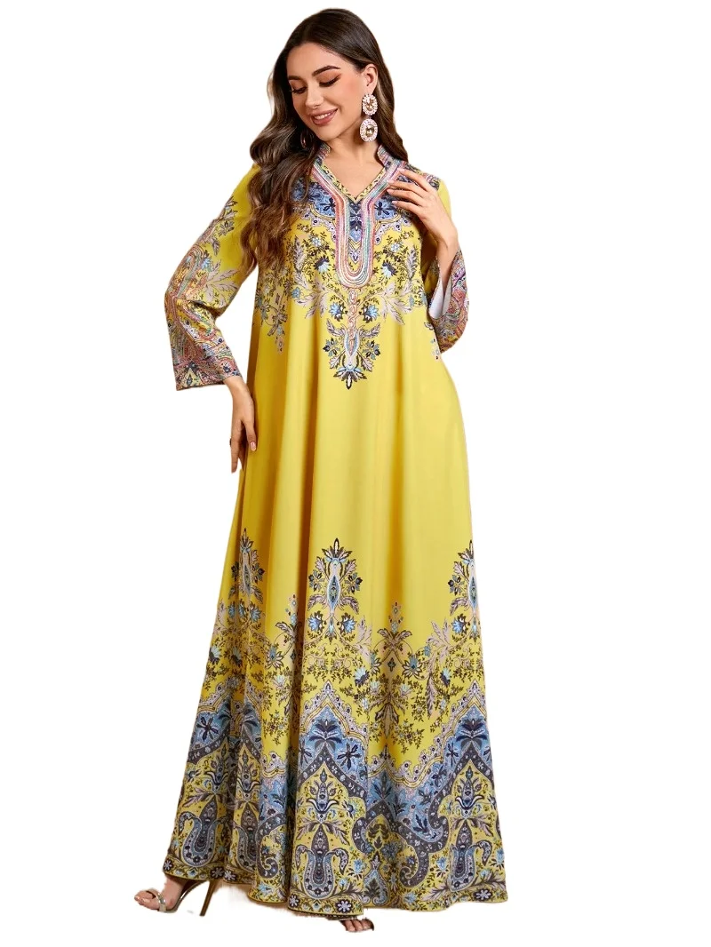 

Eid Women Dress Print Abaya Muslim Jalabiya Ramadan Long Dresses Dubai Abayas Kaftan Arab Long Robe Vestidos Largos Party Caftan