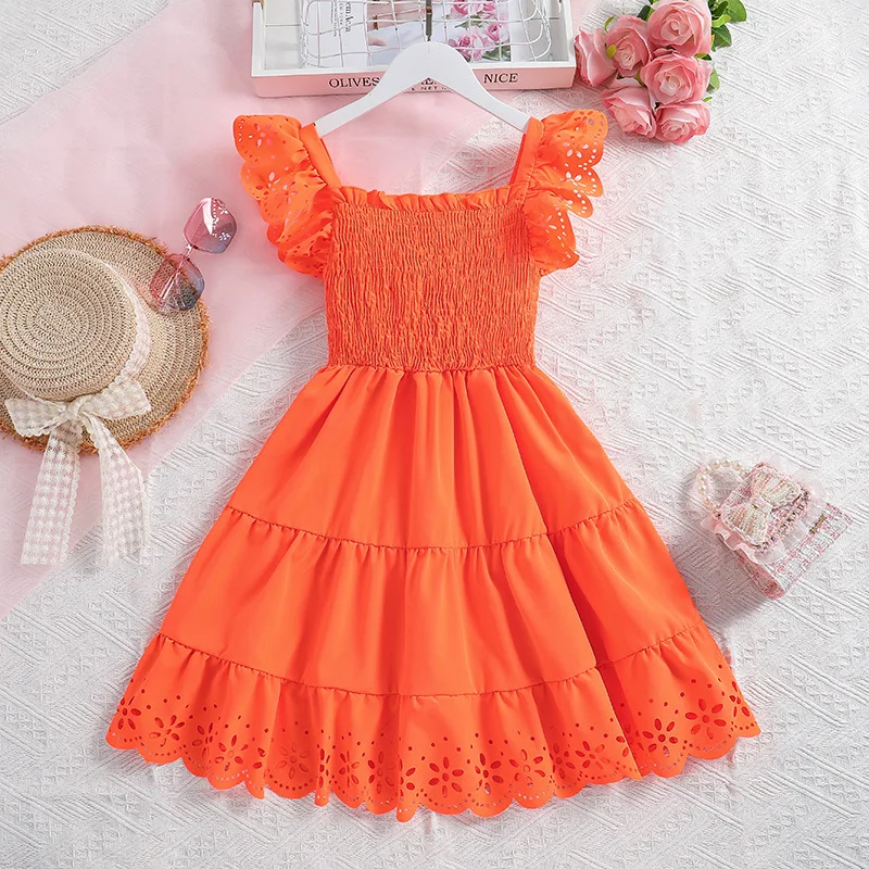 

2024 Summer New Arrival Girls Sleeveless O Neck Ruffles Ruched Orange Designer Cute Party Princess Dress Custume 8-12T