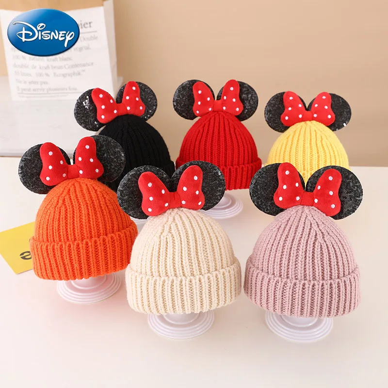 Disney Baby Hats Solid Color Minnie Beanies Girls Winter Warm Hats Cute Bowknot Knitted Caps Kids Beanies Bag Set Children Gifts