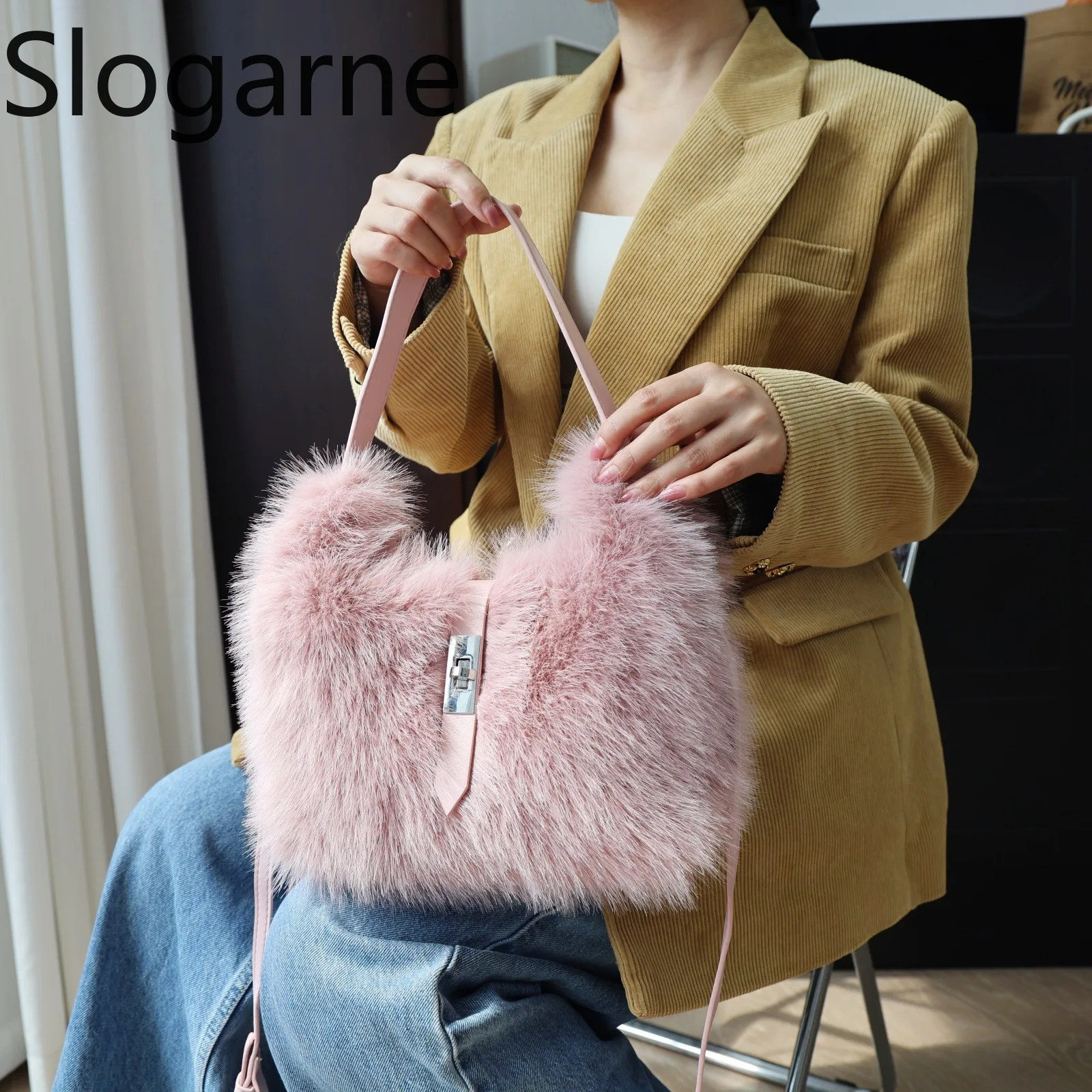 جديد تصميم فو الأرنب الفراء حقيبة كتف المرأة الفاخرة رقيق تحت الإبط حقيبة ساع السيدات الشتاء فروي حقيبة يد الفراء مخلب المحفظة #6