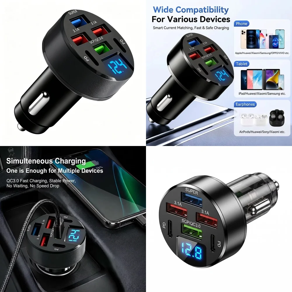 6 Port Car Charger 100W Multi Port with LED Digital Voltage Display QC3.0 SCP PD USB Fast Charge for Samsung iPhone iPad
