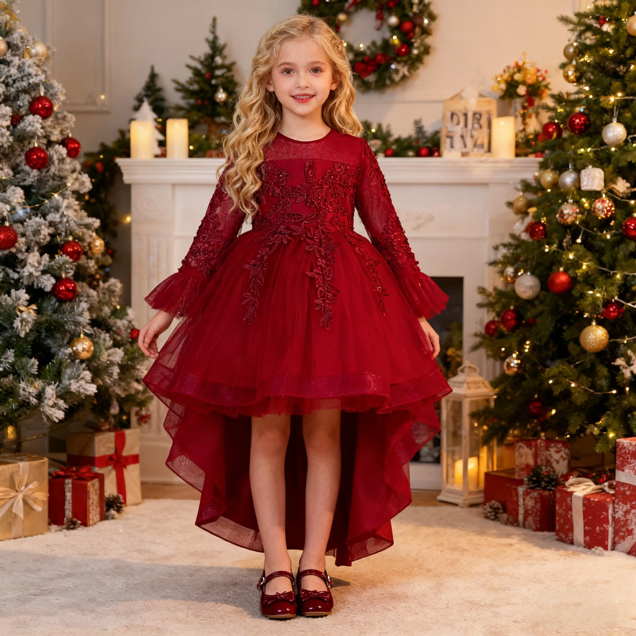 Elegante Stickerei Taufe Party Mädchen Kleid Langarm Hochzeit Brautjungfer Prinzessin Kleider Kinder Schleife Geburtstag Abend Abendkleid