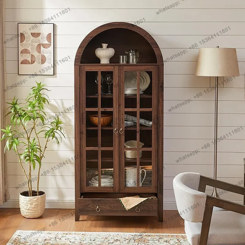 

French retro solid wood bookcase in the ancient style living room display glass wine cabinet